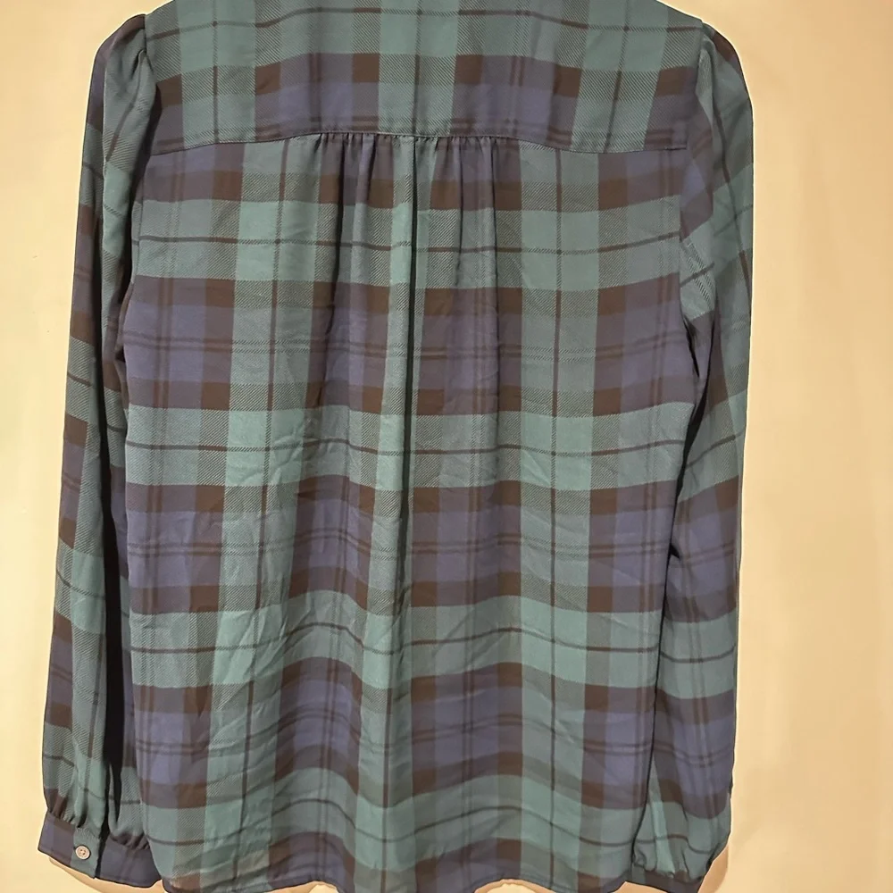 J. Crew Teal and Navy Plaid Tie-Neck Blouse - Picture 2 of 4